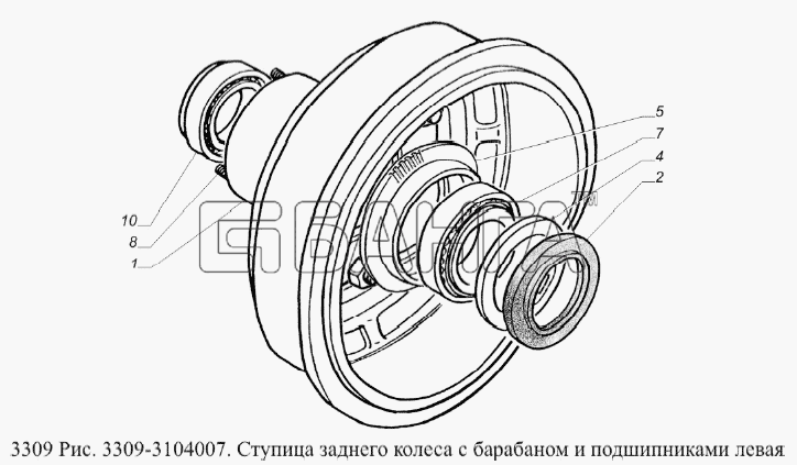 ГАЗ ГАЗ-3309 (Евро 2) Схема Ступица заднего колеса с барабаном и